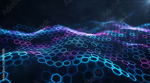 Abstract digital technology background with glowing blue and pink neon hexagon grid patterns forming a wavy landscape surface representing data science connectivity and futuristic networking