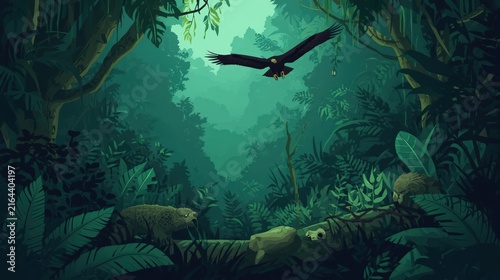 Jungle Serenity: An eagle soars gracefully above a dense, verdant jungle canopy, with lush foliage and a tranquil river winding through the scene.