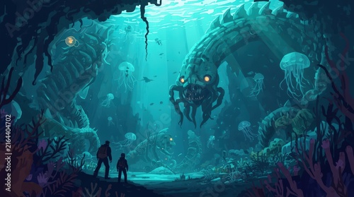 The Serpent's Lair: Two explorers brave the depths of an underwater cavern, dwarfed by a colossal, ancient sea serpent amidst a bioluminescent landscape filled with jellyfish and mysterious ruins.