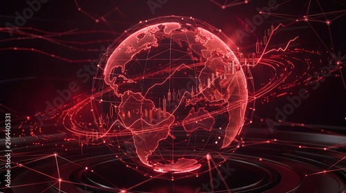 Global financial crisis concept with red digital earth and falling market stock charts