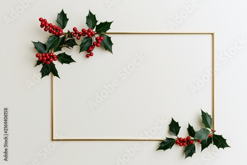 Elegant Golden Christmas Frame with Fir Branches and Red Holly Berries Holiday Border