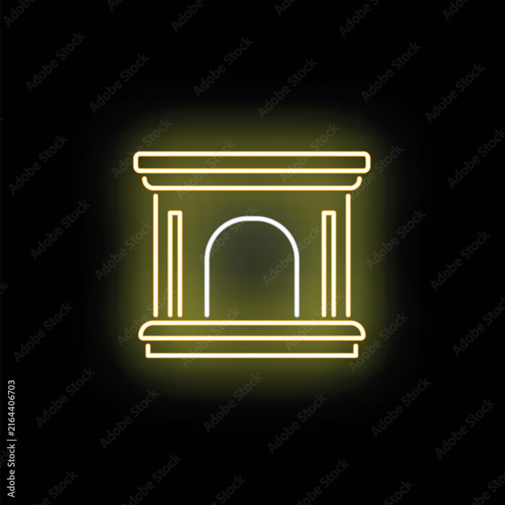 Fototapeta premium Fireplace glowing in yellow neon light on a black background, creating a cozy atmosphere