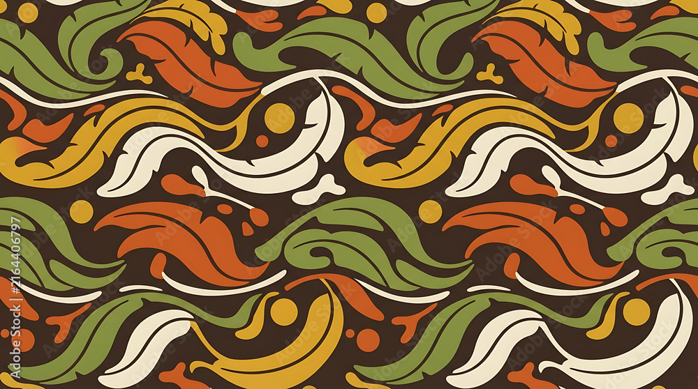 Seamless repeating pattern with abstract leaf shapes in retro autumn colors featuring green orange yellow and cream pixel art style design suitable for fabric textile wall paper or background
