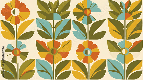 Retro pixel art flower pattern with geometric shapes in vintage orange blue and olive green colors for creative surface design and textile prints