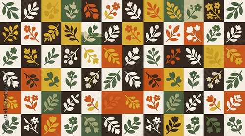 Seamless pattern with colorful autumn leaves in a grid layout featuring various organic shapes and fall inspired earth tones for textile and wallpaper design projects