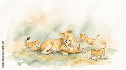 Watercolor Lioness and Cubs Playing Illustration, Soft Gold and Sage Green Wildlife Art with Dreamy Negative Space Background