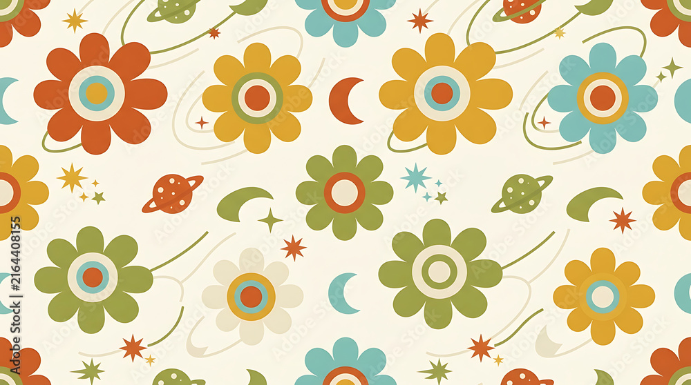 Seamless pattern with cute pixel art flowers and small geometric shapes in vintage retro colors for wallpaper textile design and wrapping paper prints with a nostalgic eighties style
