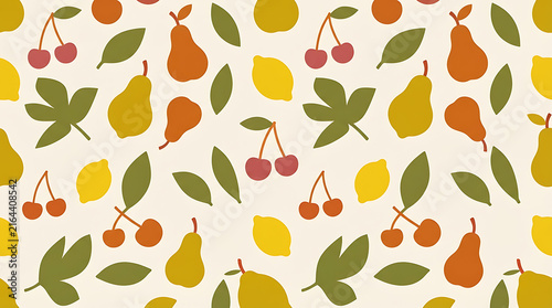Seamless pattern with pixel art fruits like pears lemons and cherries with green leaves in a retro vintage style for wallpaper or fabric design