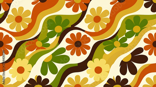 Seamless retro floral pattern with wavy lines in orange yellow and green colors in a vintage style for textile design and wallpaper decoration with a repeating groovy seventies aesthetic vibe