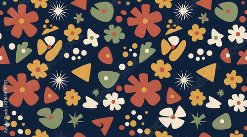 Seamless pattern with cute small flowers and abstract shapes in retro colors on a dark blue background for fabric and wallpaper design