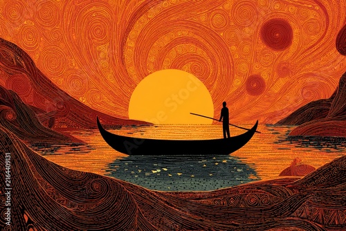 Boatman silhouette on traditional boat at sunset with abstract orange landscape