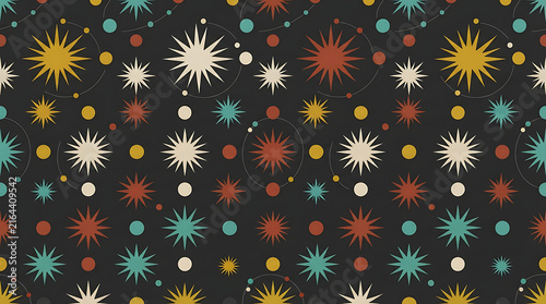 Seamless pattern with colorful pixel art shapes and abstract geometric elements on a dark background for retro digital gaming and creative design projects
