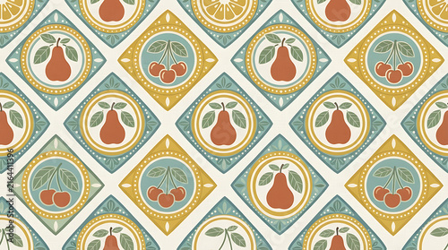 Seamless pattern with cute pears and cherries in diamond shapes with retro colors for textile design and wallpaper decoration