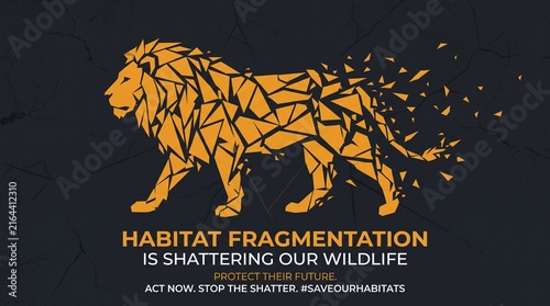 Lion Silhouette Fractured Geometric Design, Habitat Fragmentation Concept Art with Amber Accent for Wildlife Conservation Campaigns