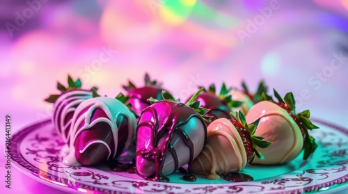Chocolate-covered strawberries with vibrant iridescent drizzle. Gourmet dessert platter featuring glossy white, milk, and dark chocolate swirls und...