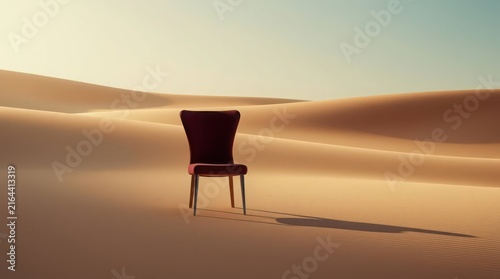 Elegant chair in vast desert at sunset. Sophisticated outdoor seating with rich burgundy tones and soft golden light.