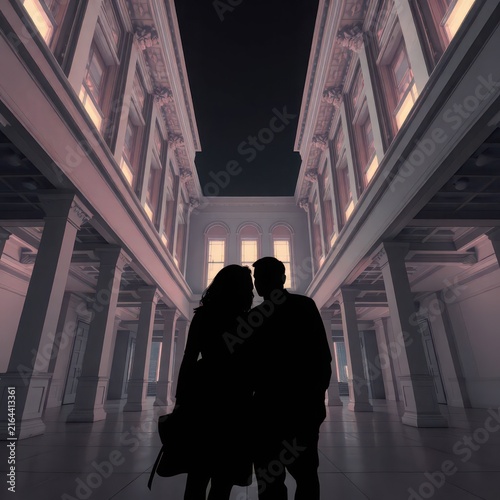 Couple silhouette in surreal architecture. Infrared style urban scene with mysterious figures.