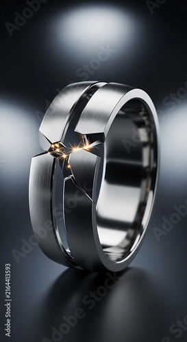 Modern titanium ring with geometric cutouts, brushed metal wedding band for men, luxury jewelry with glowing gold accents