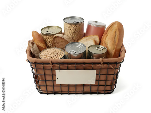 Rustic picnic basket filled with fresh bread, canned goods, and artisanal snacks on transparent background