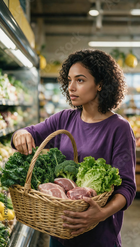 Woman holds basket filled with fresh produce. She stands in a well-lit grocery aisle. Her curly hair frames her thoughtful expression. She glances away, seemingly choosing items