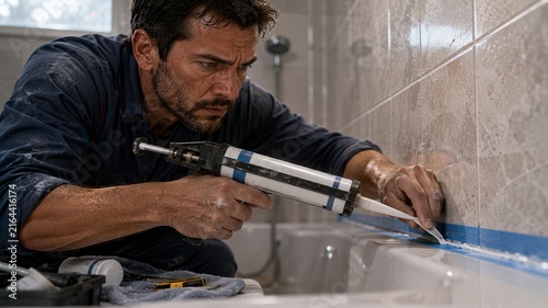 Male contractor applying silicone sealant along the edge of a bathtub in a bathroom, with tiled walls and various tools visible on a towel nearby, showcasing a home improvement project