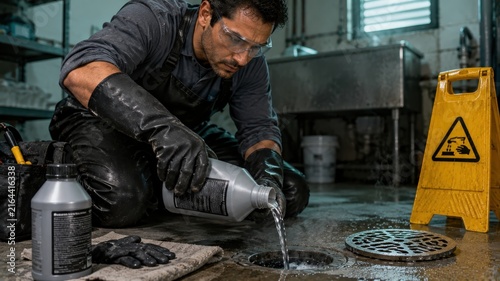 Male technician in black gloves pours liquid from a bottle into a drain on a wet floor, with a caution sign and stainless steel sink visible in the background of a commercial kitchen setting