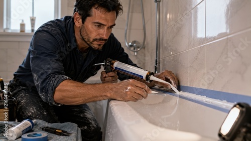 Male contractor applying silicone sealant along the edge of a bathtub in a modern bathroom, with tools and materials arranged on a surface nearby, illuminated by a work light