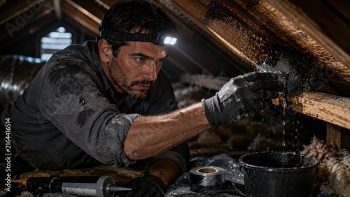 Male contractor in dark clothing repairs water damage in attic, using a headlamp for visibility, with tools and a bucket nearby, surrounded by insulation and wooden beams in a residential setting