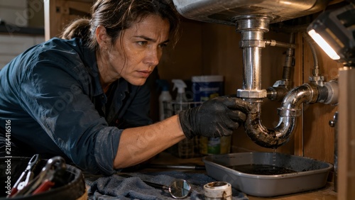 Female plumber in dark blue shirt and gloves repairs a sink pipe under a kitchen counter, with tools and cleaning supplies visible in the background, showcasing a domestic maintenance setting