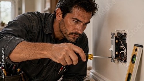 Male electrician in dark shirt uses screwdriver to work on electrical outlet installation, with tools visible in his belt and a level placed on the wall in a residential interior setting