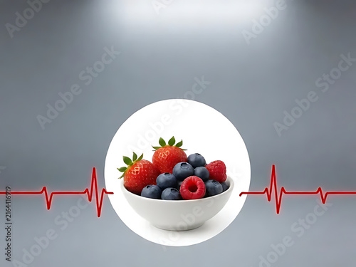 Fresh mixed berries in bowl with heartbeat line symbolizing health and nutrition concept