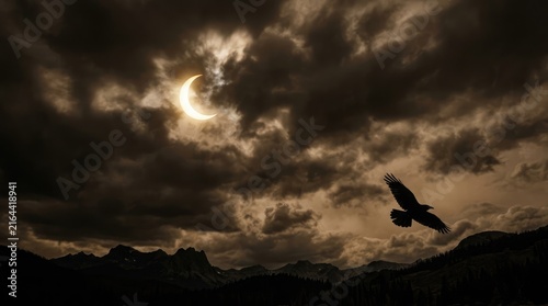 A powerful bald eagle flies through intense storm clouds during a vibrant