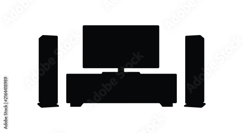 Home theater system with television and speakers black silhouette