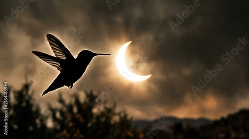 Hummingbird in flight silhouetted against a bright and colorful sunset sky