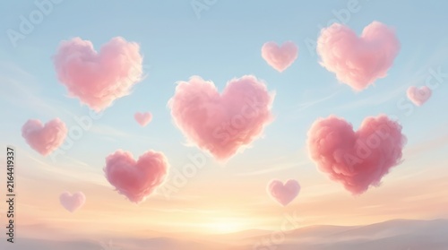 Delicate pink hearts are gently floating against a beautiful soft pastel sky