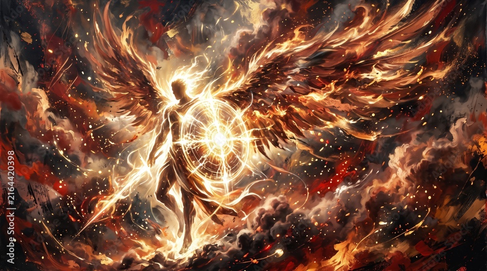 Naklejka premium angel holding a glowing energy shield amid flames