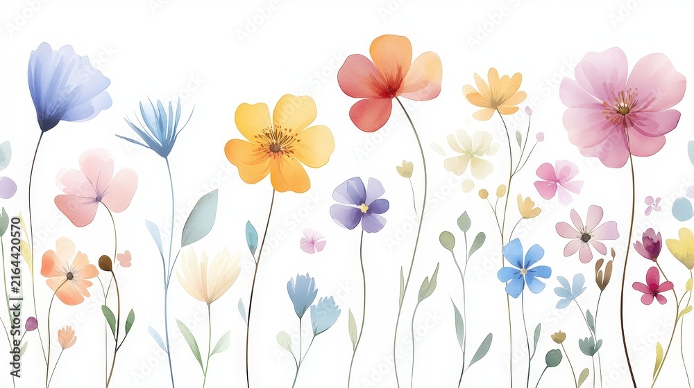 Obraz premium Colorful Floral Illustration with Delicate Flowers in Various Shapes and Sizes