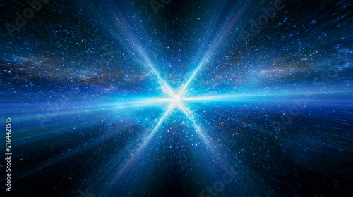 宇宙空間での光速移動やワープ航法をイメージした青い光と星々のダイナミックな抽象背景
