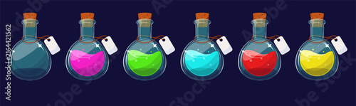 set of glass bottles filled with colorful magic potions