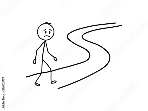 Stick figure walking along long winding road doodle isolated on transparent background. Concept representing a long journey, life path, uncertainty, future, progression,  overcoming a long way ahead.
