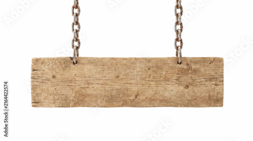 Rustic wooden hanging sign, weathered timber plank on metal chains, blank wood board for text, isolated on white background
