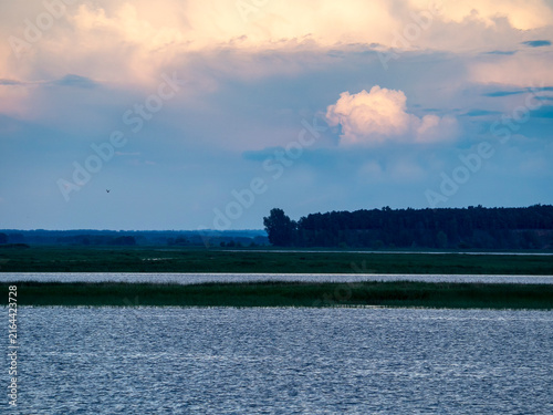 A landscape featuring a broad expanse of water, a green shoreline, a forest, and a cloudy sunset sky. In the foreground, ripples on the water give way to calm channels and grassy shallows.