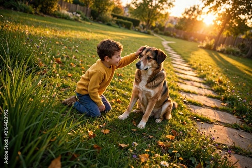 Joyful Child and Dog on Grassy Path at Golden Hour