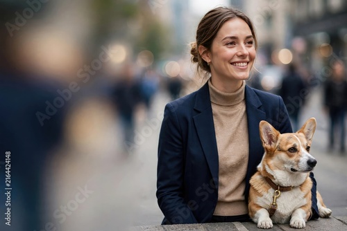 Joyful Woman and Dog on a Sunny Urban Walk