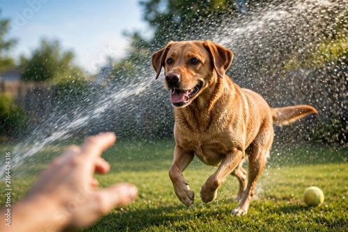 Playful Dog Running Through Water on Green Grass