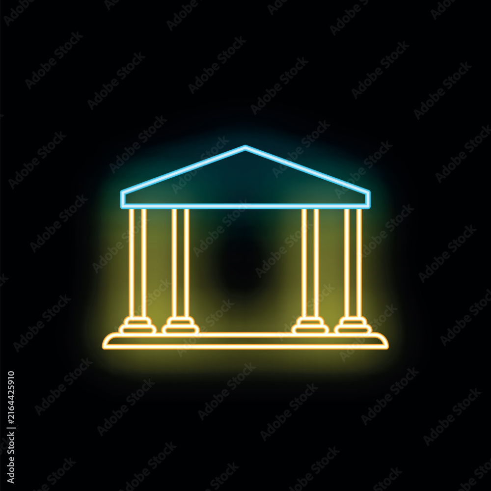 Fototapeta premium Bank or courthouse building icon glowing with blue and yellow neon light against a dark background