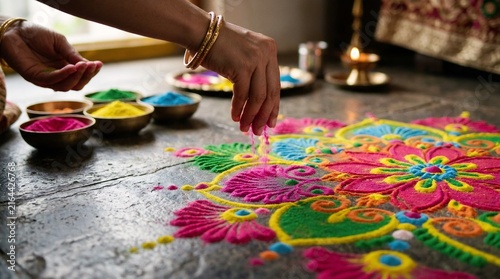 Colorful Rangoli Art Creation with Traditional Powders and Bowls