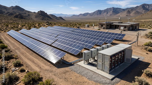 Aerial view of desert solar power plant with BESS battery storage system photo, solar panel array with power distribution arrows to modern community, and smart grid infrastructure graphic.