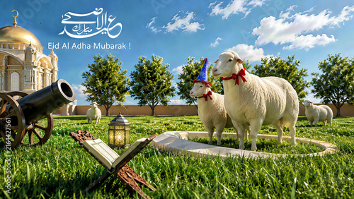 Eid Al Adha Mubarak 3D Illustration with Mosque, Sheep, Quran and Islamic Celebration
