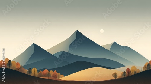 Majestic mountain range with soft autumn colors depicted in a minimalist digital art style featuring a calm golden sun above